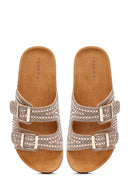 Women's Gold Double Buckle Embellished Slippers | Derimod
