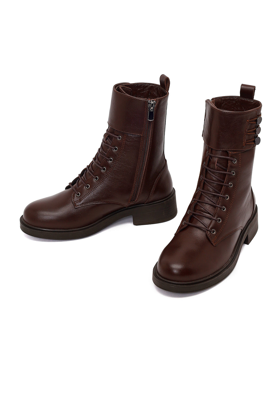 Woman Brown Zip Closure Thick-Soled Leather Combat Boots