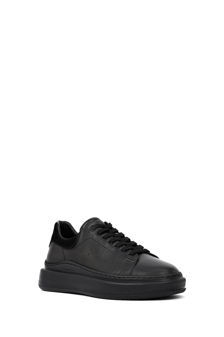 Men's Black Lace-Up Thick-Soled Leather Sneaker