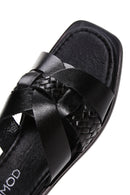 Women's Black Knitted Detailed Leather Slippers | Derimod