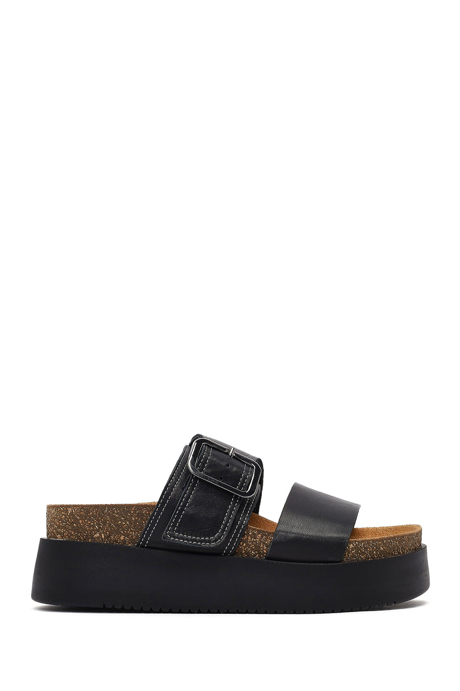 Women's Black Buckled Thick-Soled Leather Slippers 25SFD132918 | Derimod