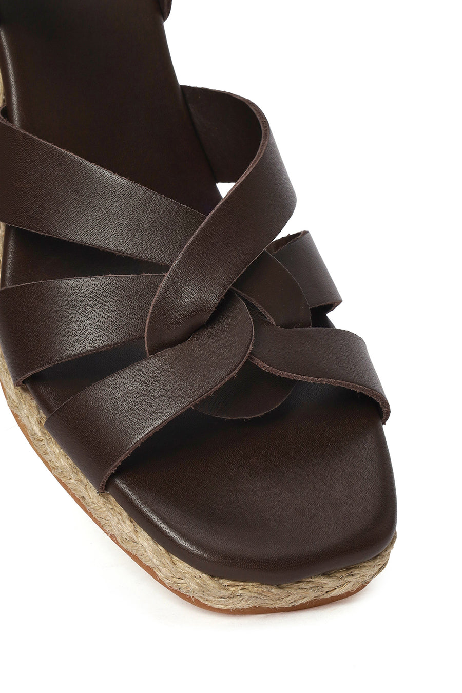 Woman Brown Ankle-Strap Buckled Wedge-Heel Leather Espadrilles Sandal