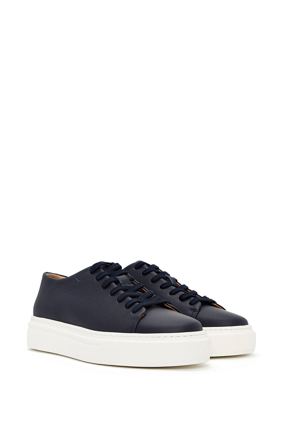 Men's Navy Blue Lace-up Thick-Sole Leather Sneaker