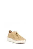Woman Camel Lace-Up Thick-Soled Patterned Suede Comfort Shoes | Derimod