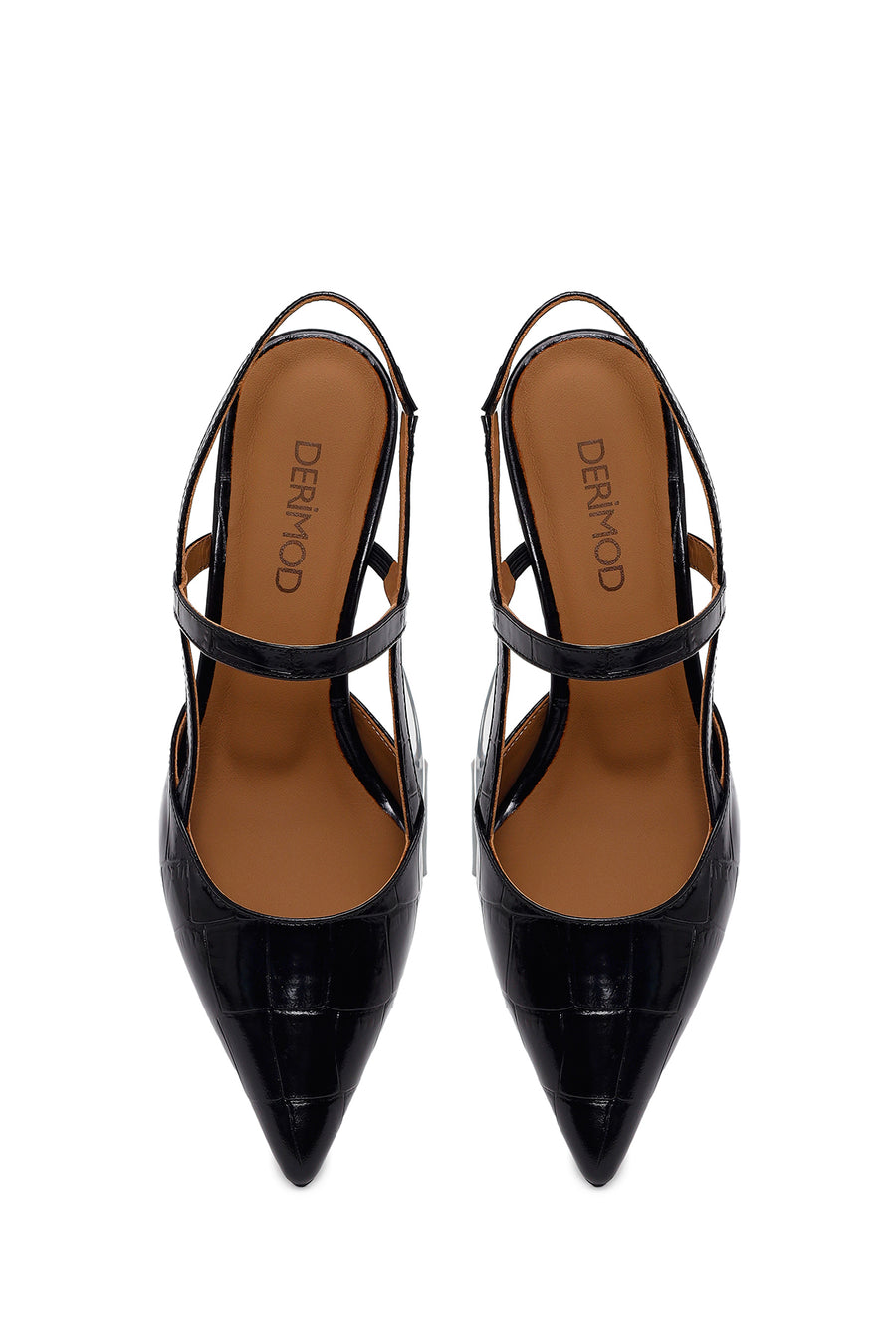 Woman Black Open-Back Thin-Heeled Croc-Embossed Leather Shoes