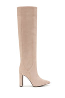 Women's Beige Suede Leather Heeled Boots | Derimod