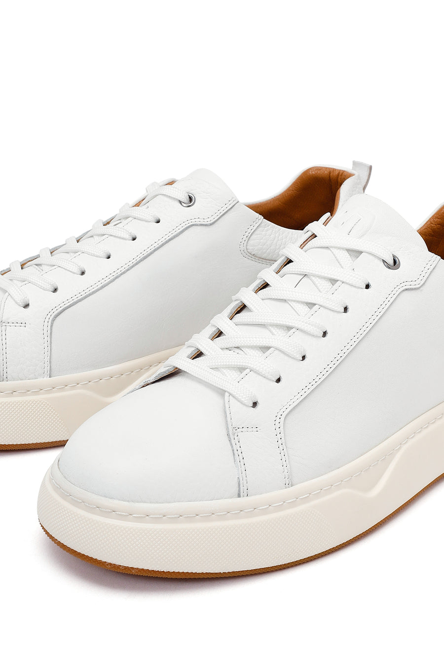 Men's White Lace-Up Thick-Soled Leather Sneakers