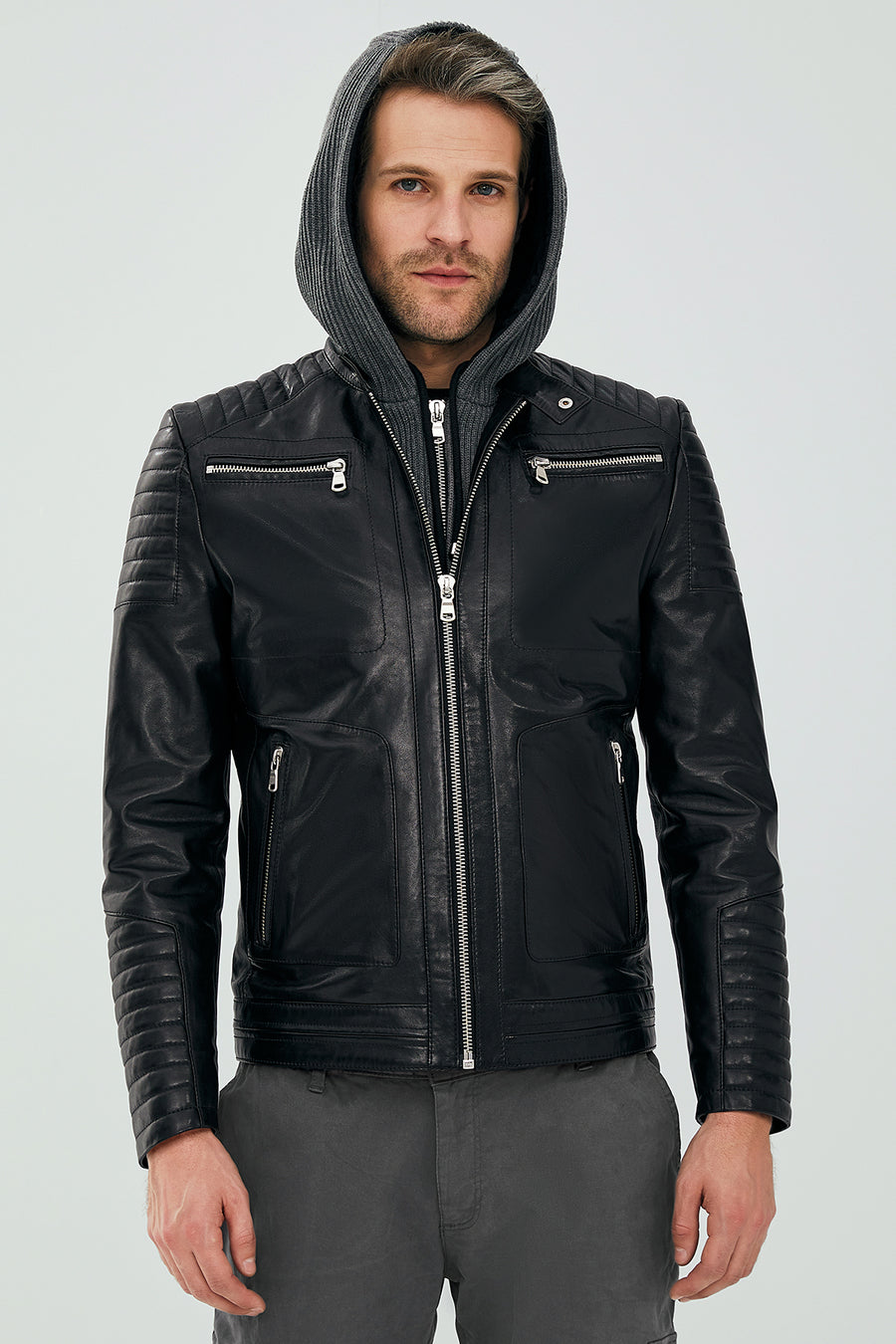 Danger Black Men's Hooded Sports Leather Jacket