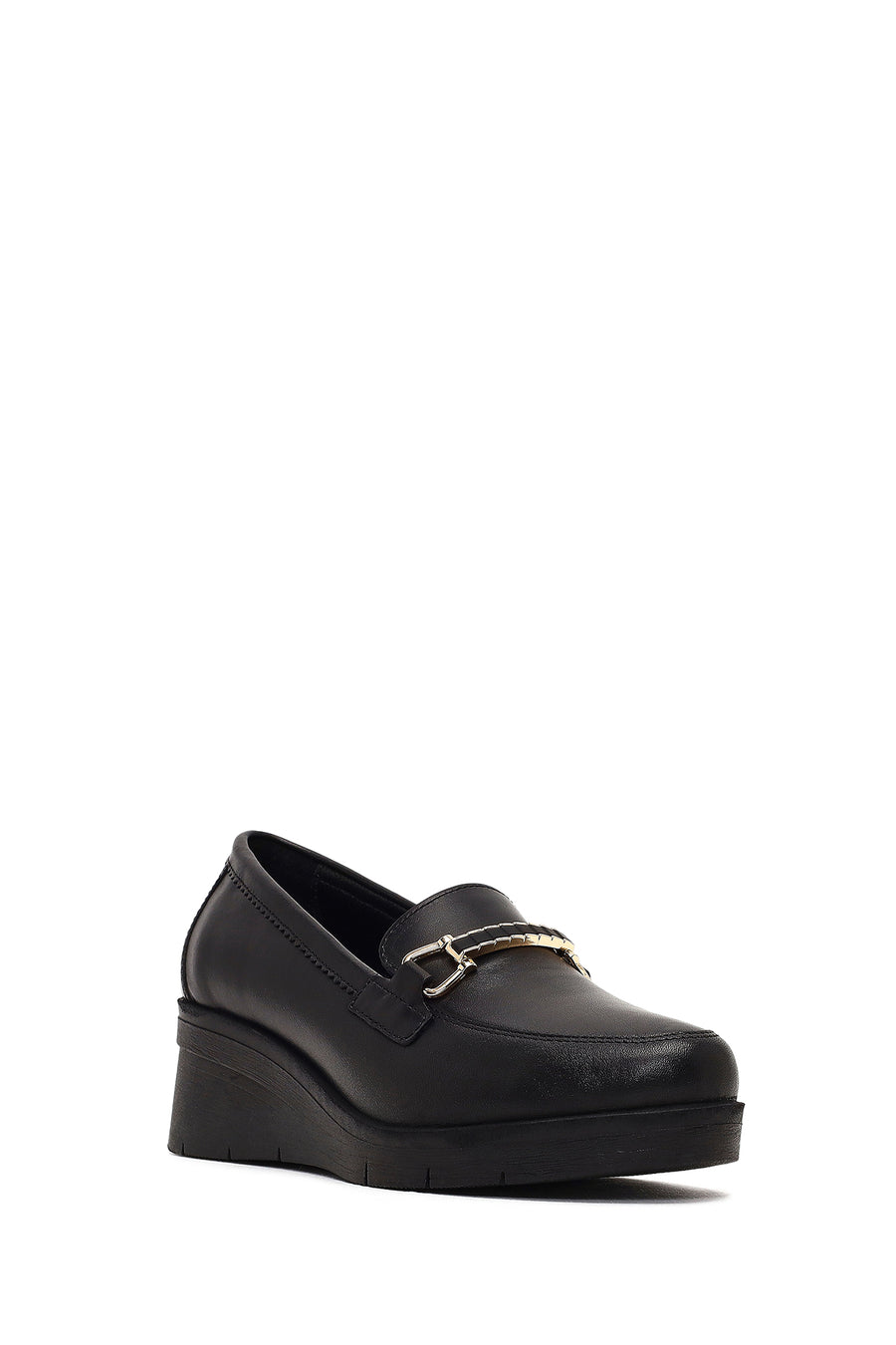 Woman Black Buckled Wedge Leather Comfort Loafer