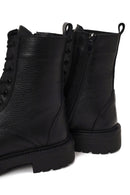 Woman Black Zip Closure Thick-Soled Leather Combat Boots | Derimod