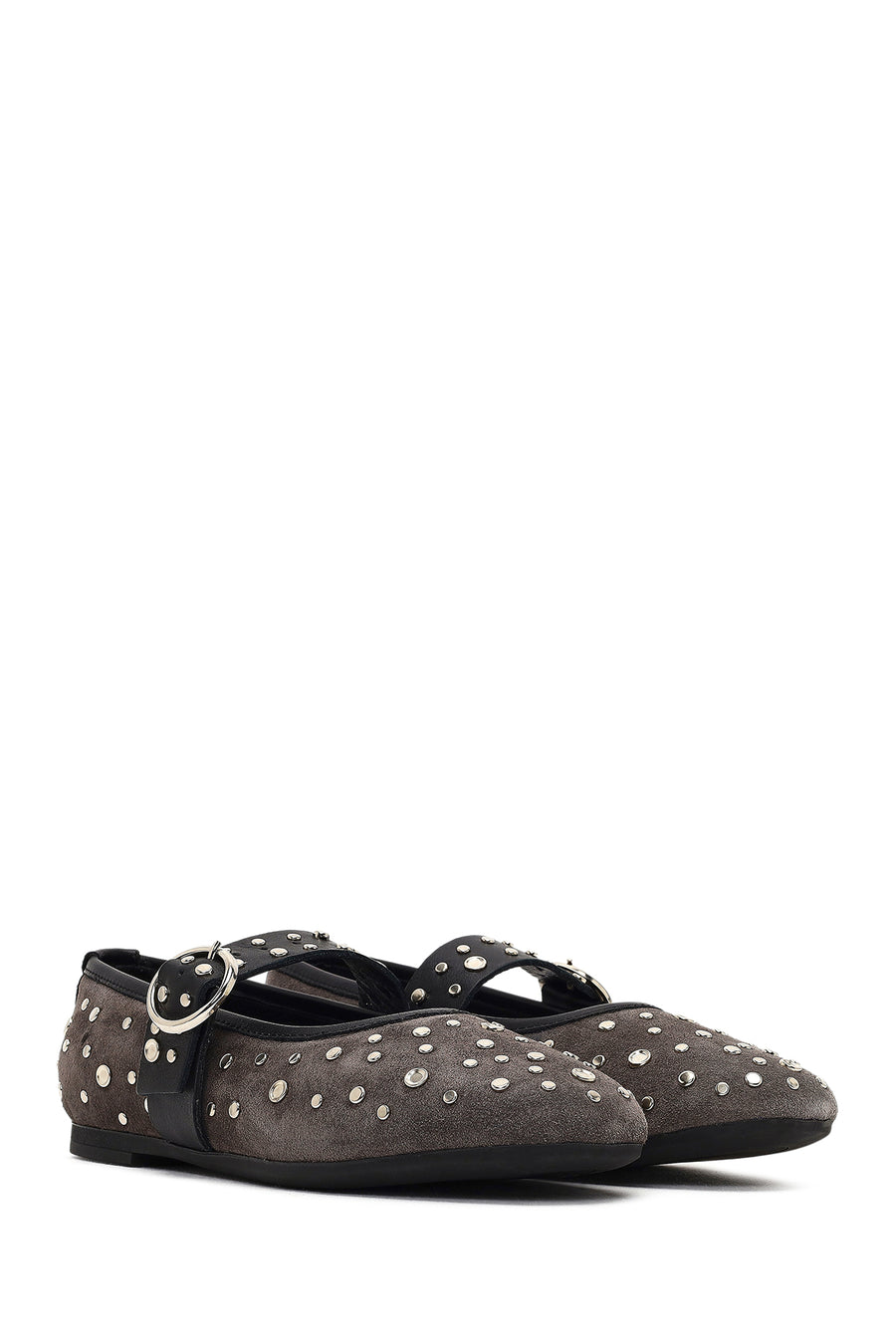 Women's Anthracite Buckled Suede Leather Ballet Flat