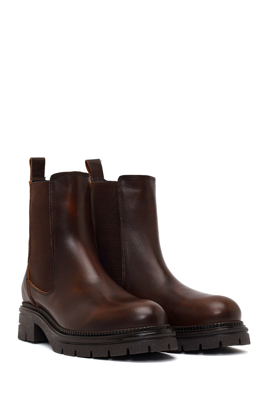 Woman Brown Thick-Soled Leather Chelsea Boots