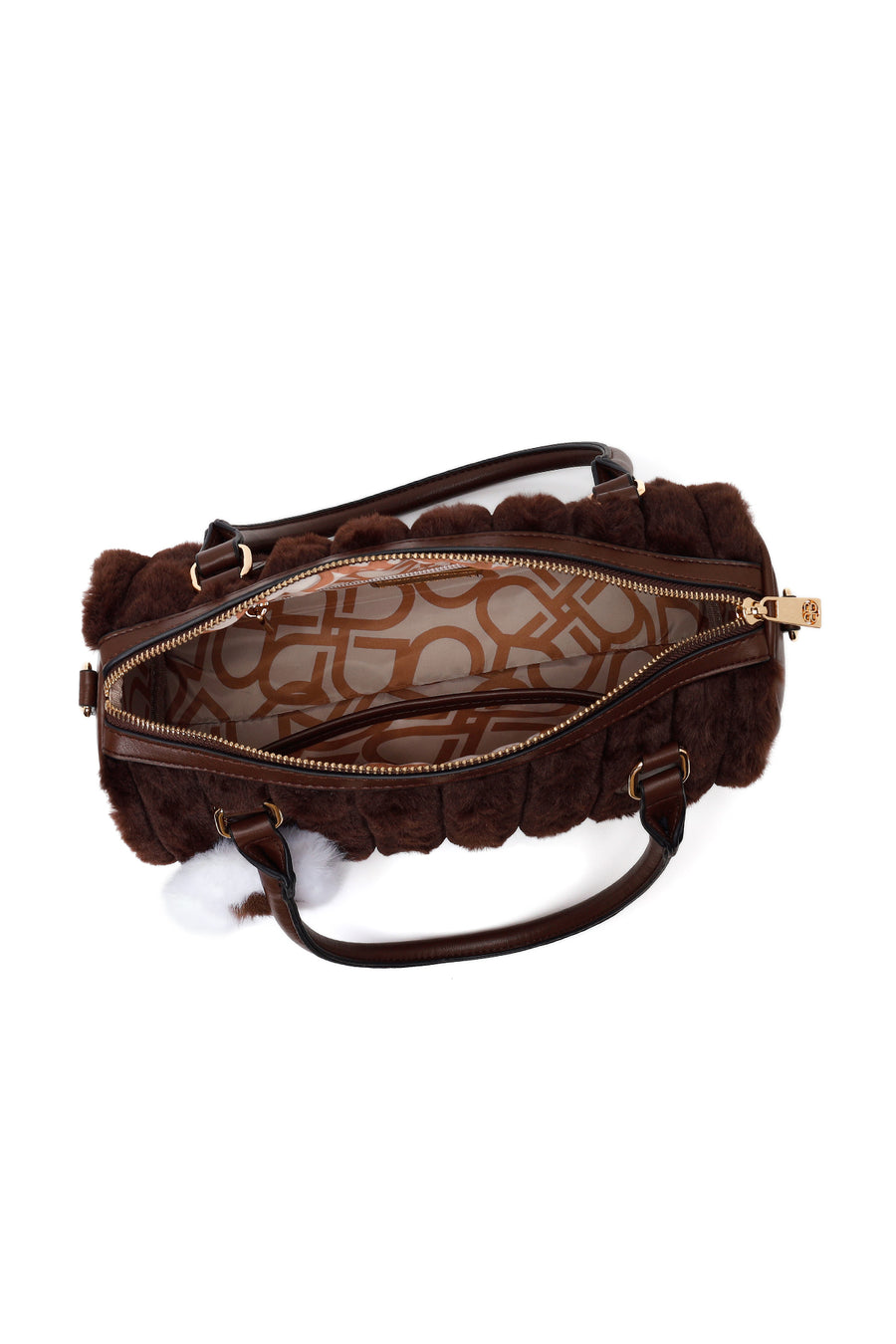 Woman Brown Long-Strap Accessorized Plush Shoulder Bag