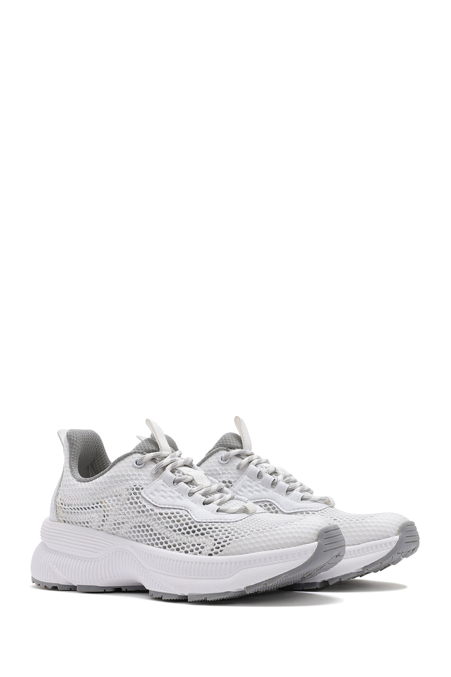 Women's White Lace-Up Thick-Sole Fabric Sneakers