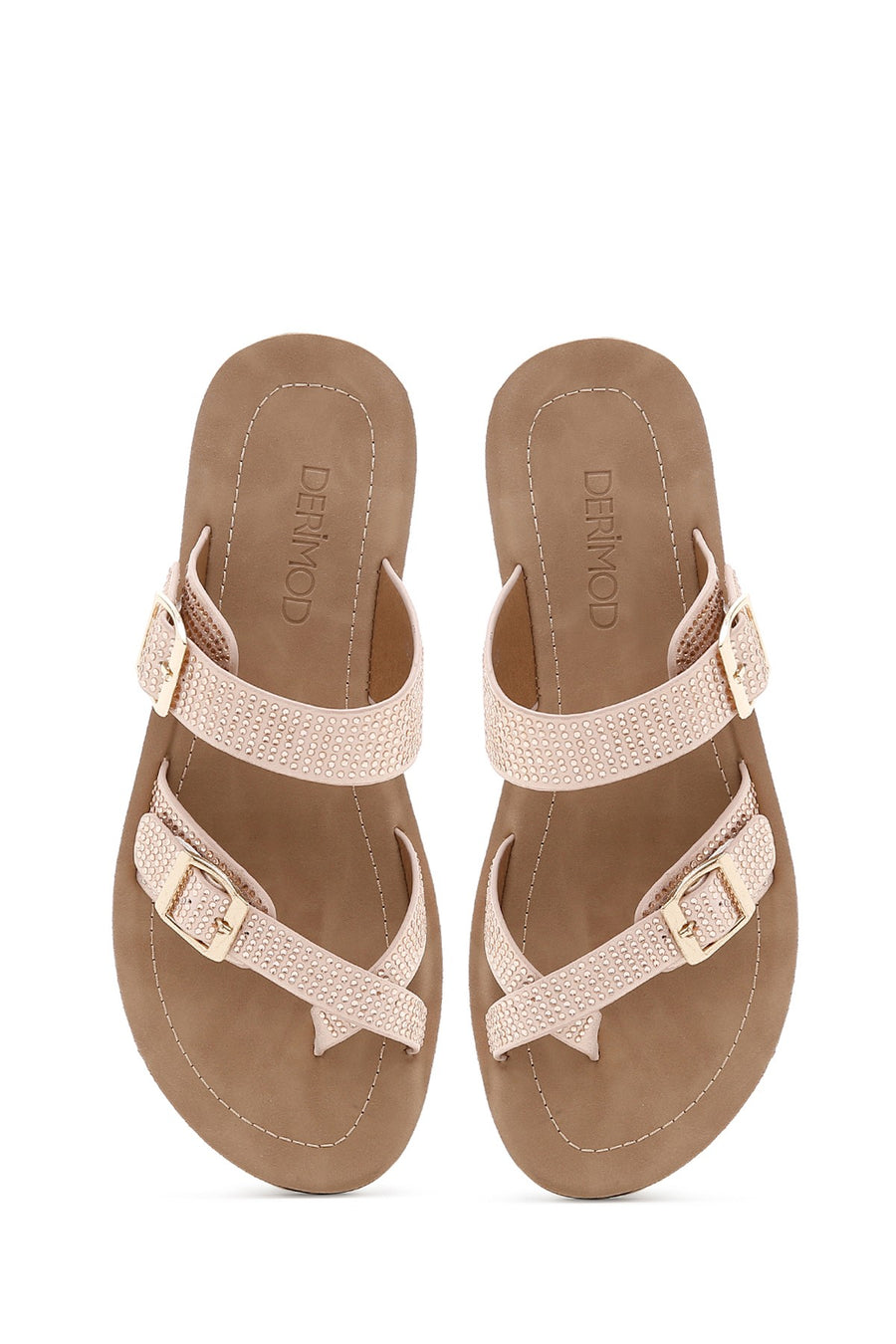 Women's Pink Double Buckled Stoned Slippers