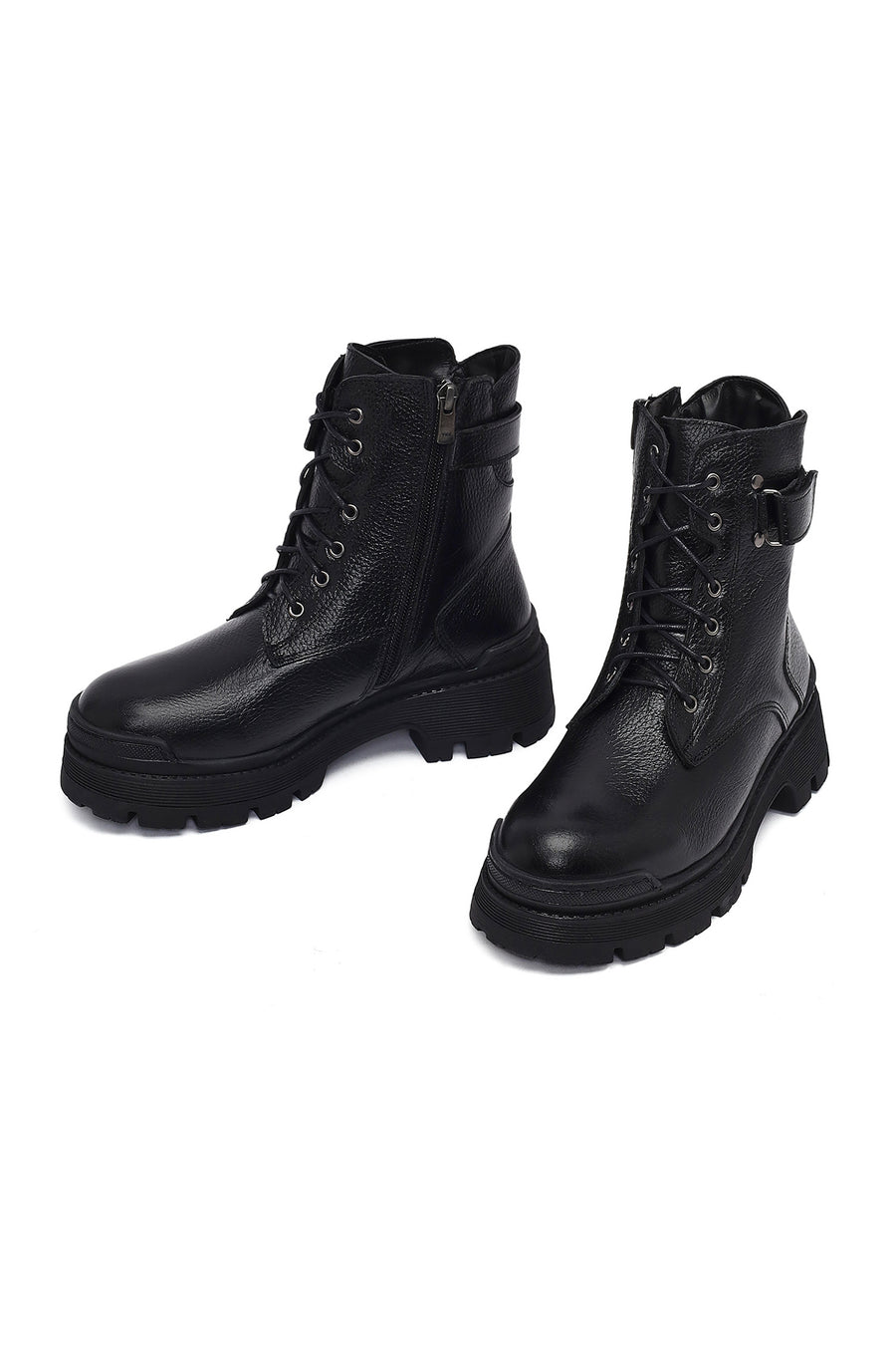 Woman Black Lace-Up Zippered Thick Sole Leather Postal Boots