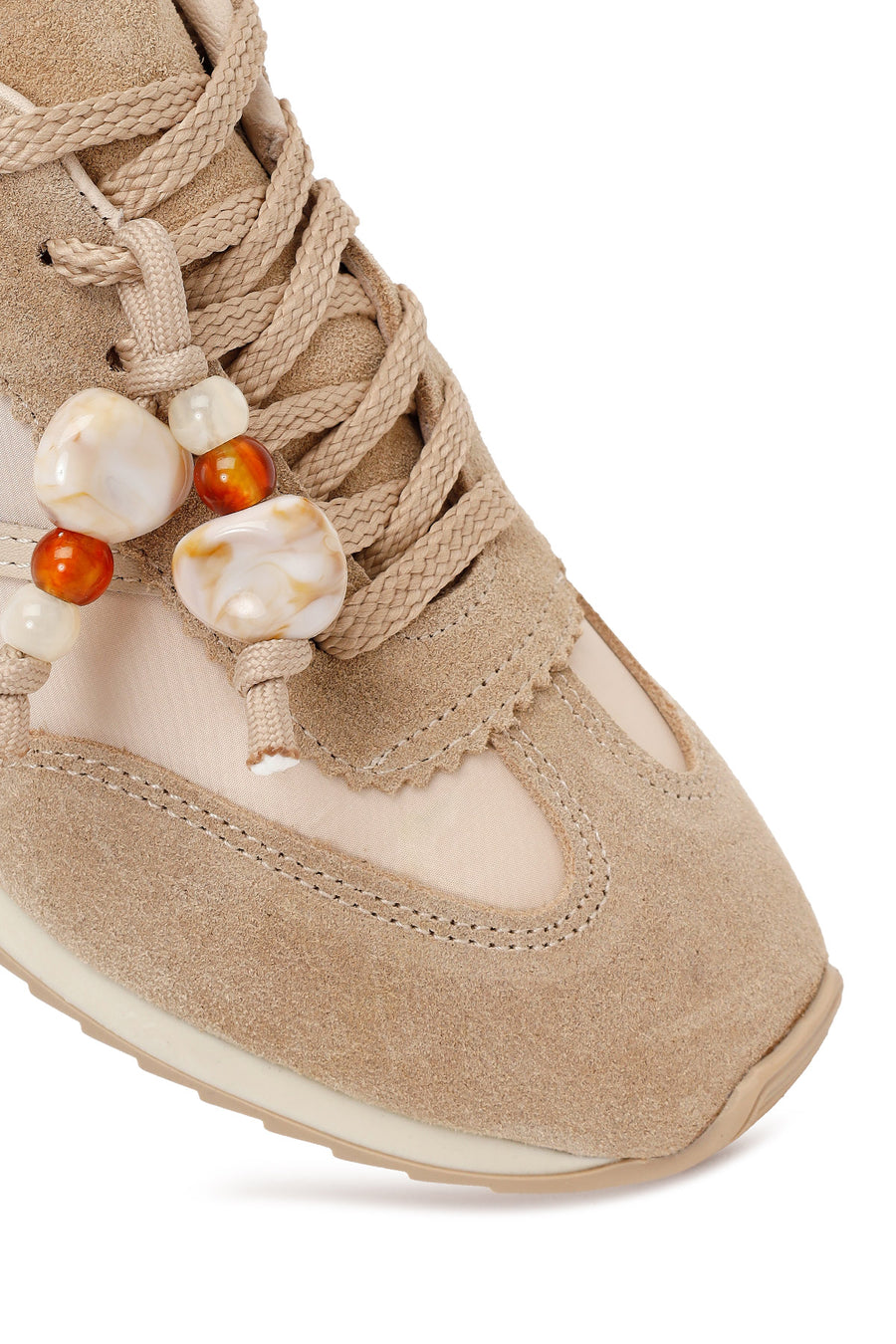 Woman Beige Lace-up Charm Leather Sneaker