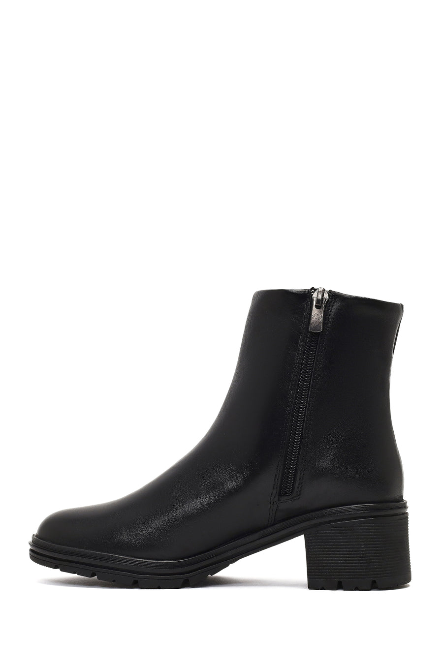 Woman Black Zip Closure Short Thick-Heeled Leather Boots