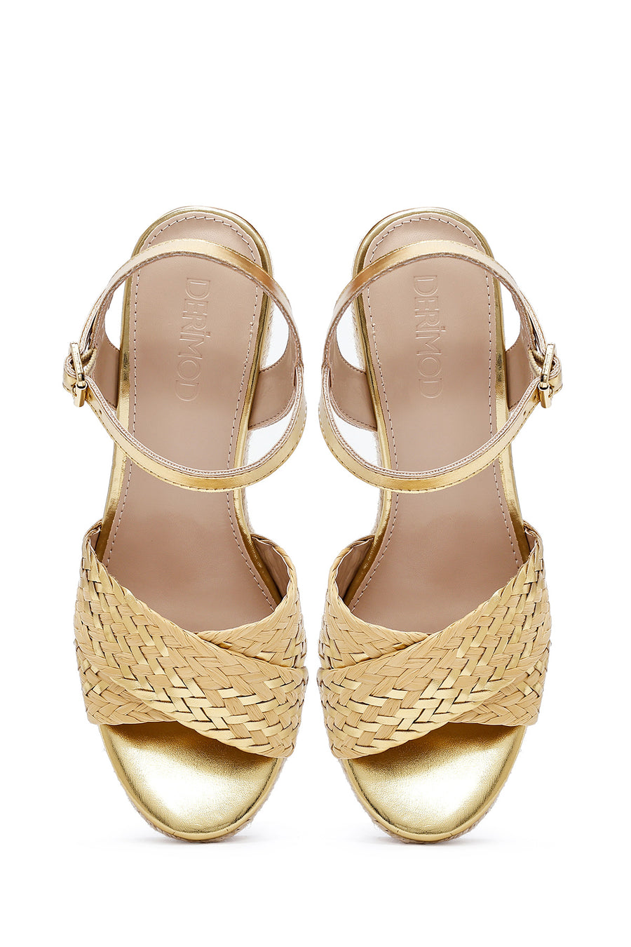 Women's Gold Ankle Buckle Braided Wedge Heel Espadrille Sandals