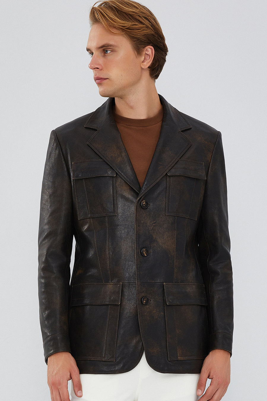 Kane Men's Brown Vintage Blazer Safari Leather Jacket