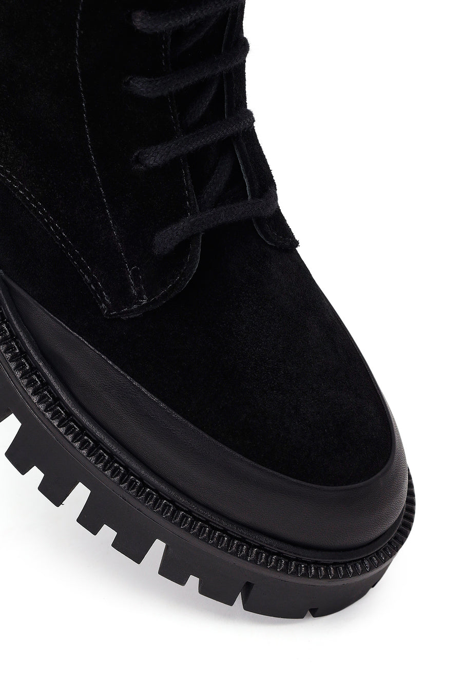 Woman Black Zip Closure Chunky-Heeled Suede Combat Boots