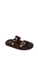 Woman Brown Double-Buckle Suede Slipper | Derimod