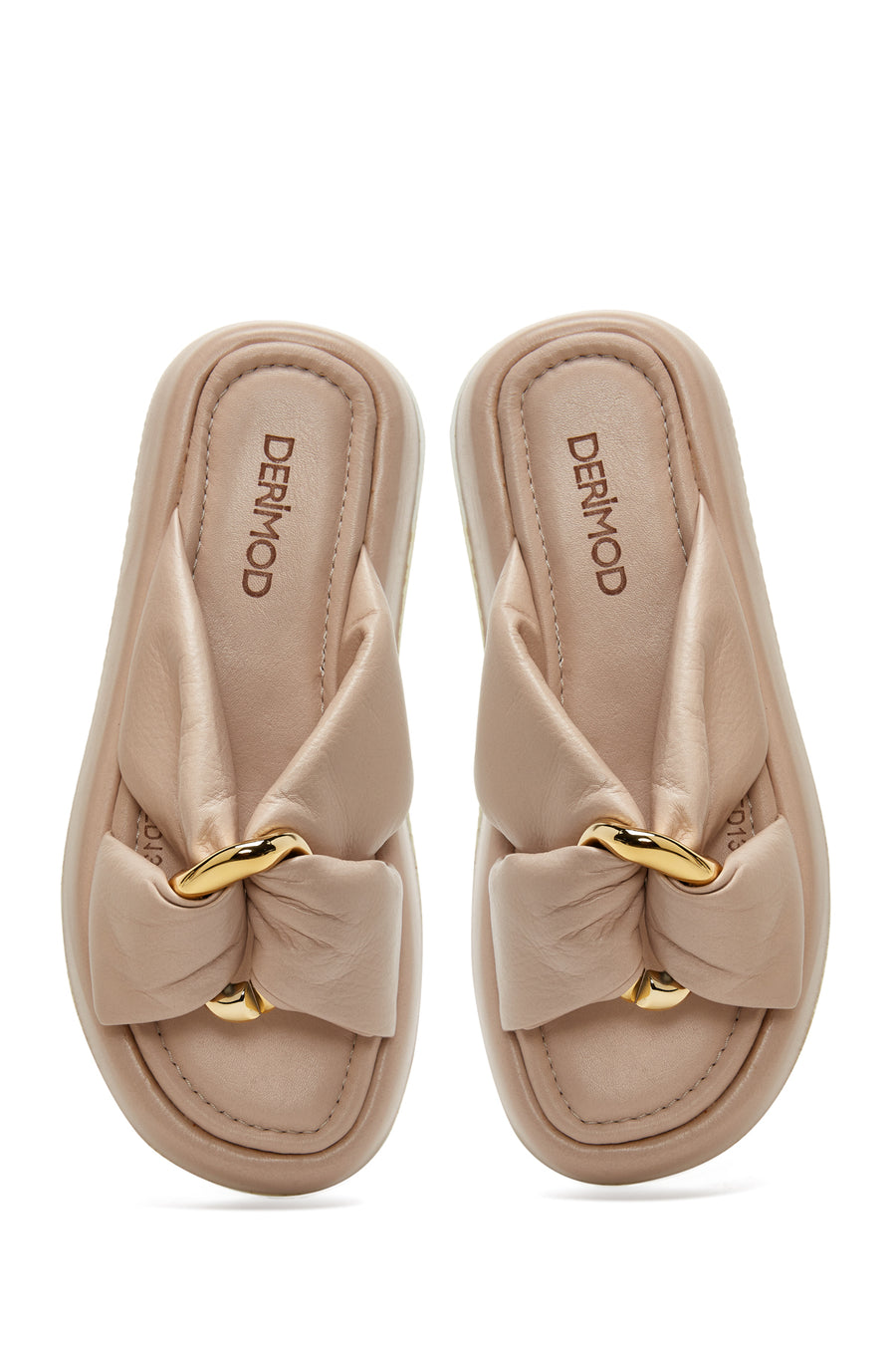 Women's Beige Buckle Detailed Leather Slippers
