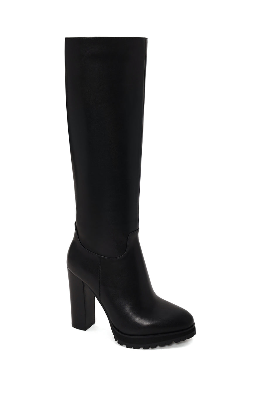 Woman Black Zip Closure High Thick-Heeled Leather Boots