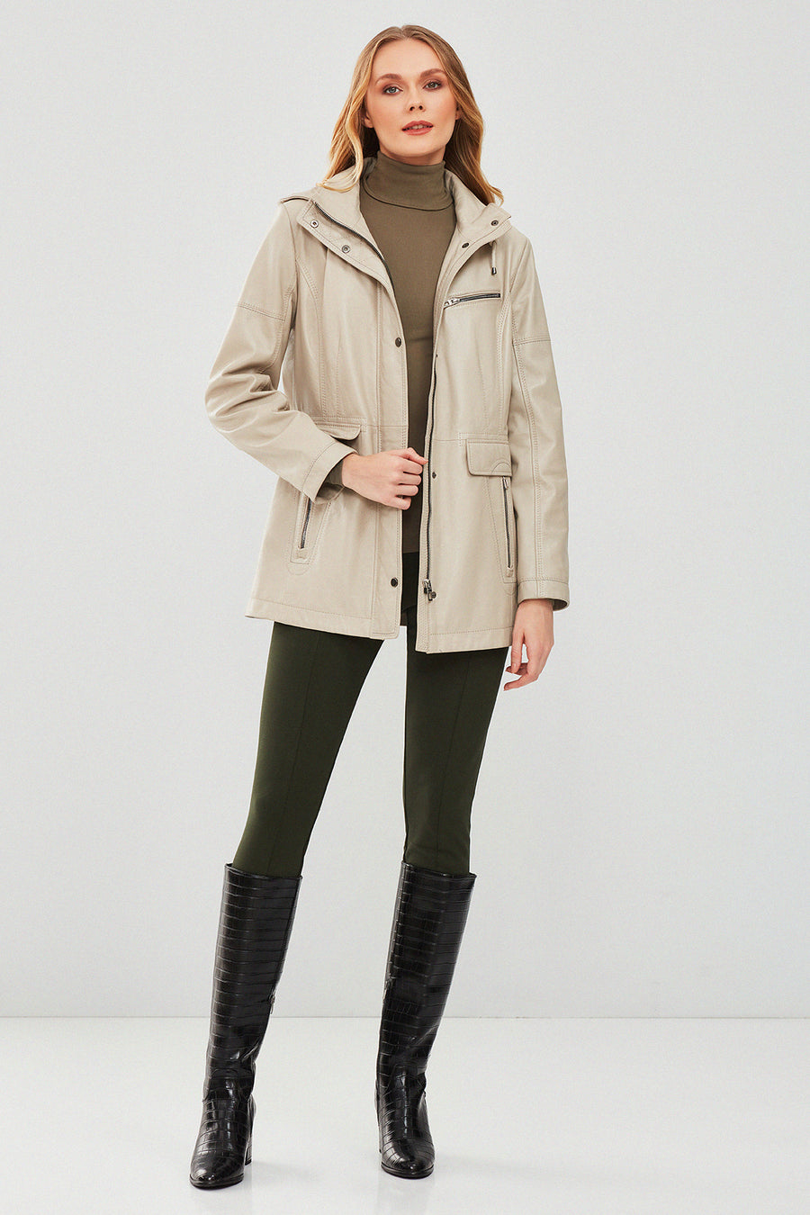 Agatha Women's Beige Hooded Long Leather Coat