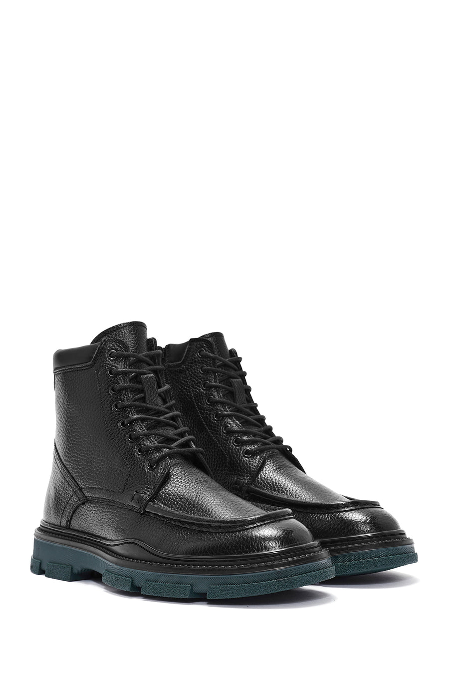 Men's Black Lace-Up Zipper Detailed Leather Casual Boots