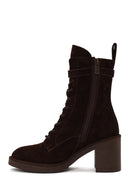 Woman Brown Zip Closure Chunky Heeled Suede Combat Boots | Derimod