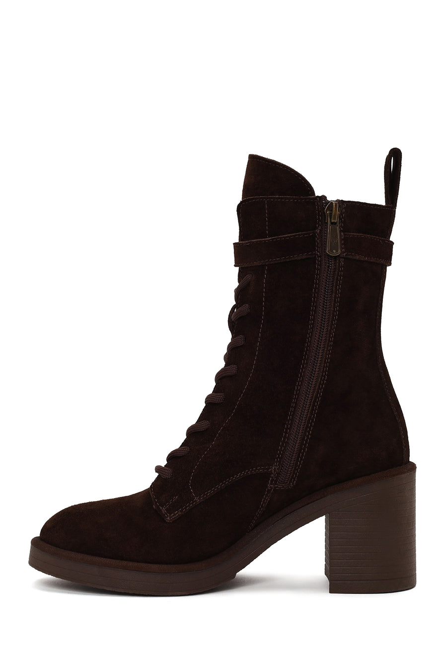 Woman Brown Zip Closure Chunky Heeled Suede Combat Boots