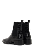 Women's Black Croco Patterned Short Thick Heel Leather Chelsea Boot | Derimod