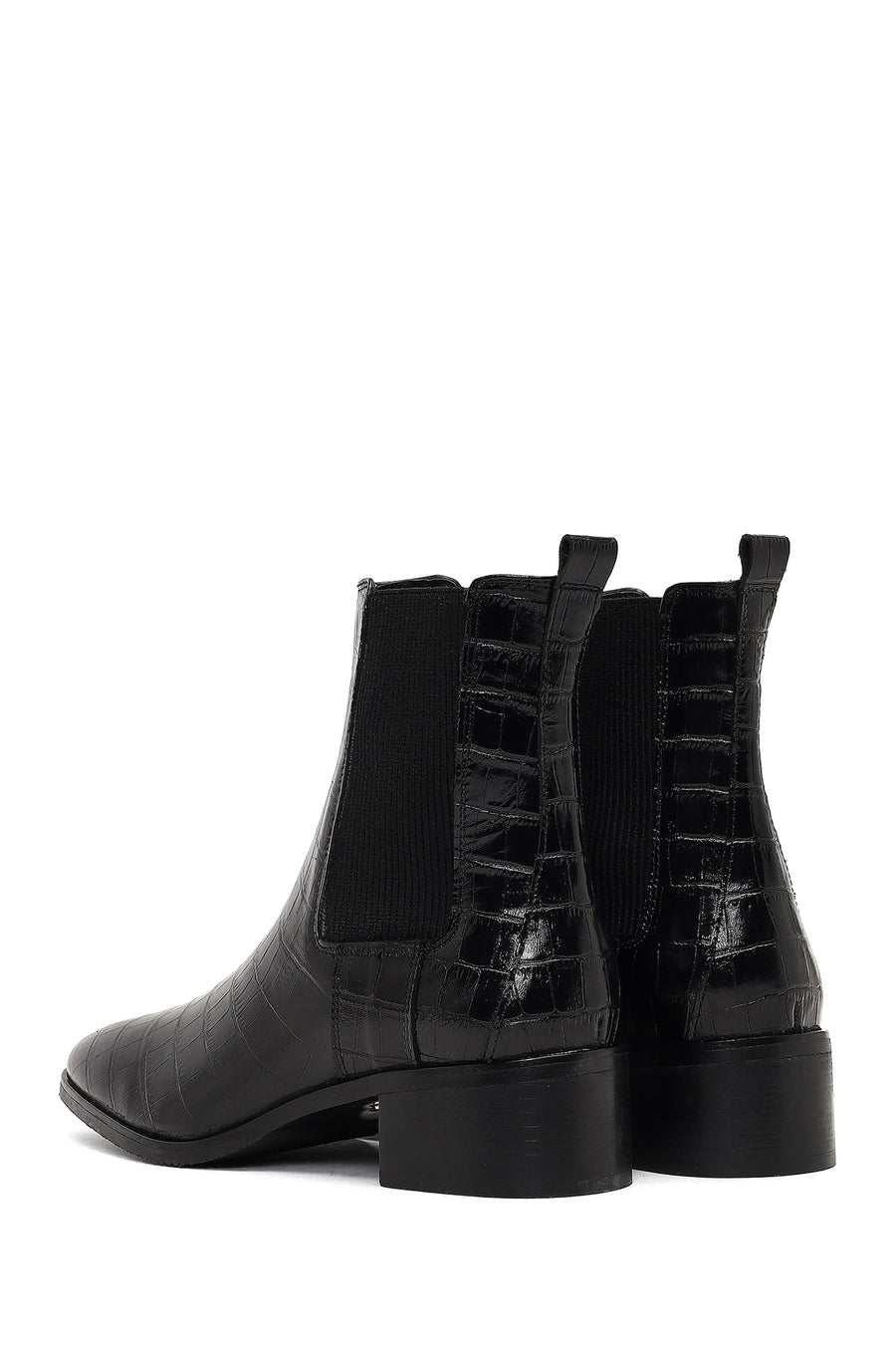 Women's Black Croco Patterned Short Thick Heel Leather Chelsea Boot