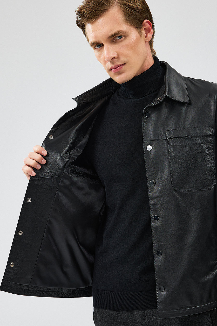 Enzo Men's Black Shirt Collar Leather Jacket
