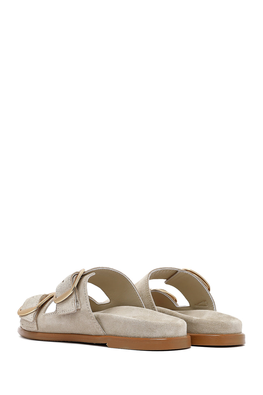 Women's Beige Buckle Suede Leather Slippers