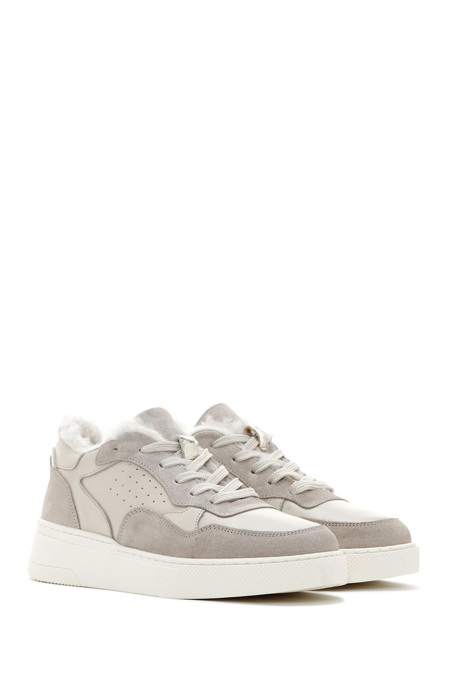 Women's Beige Thick Sole Fur Leather Sneaker