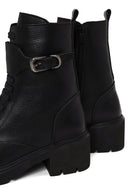 Woman Black Zip Closure Thick-heeled Leather Combat Boots | Derimod