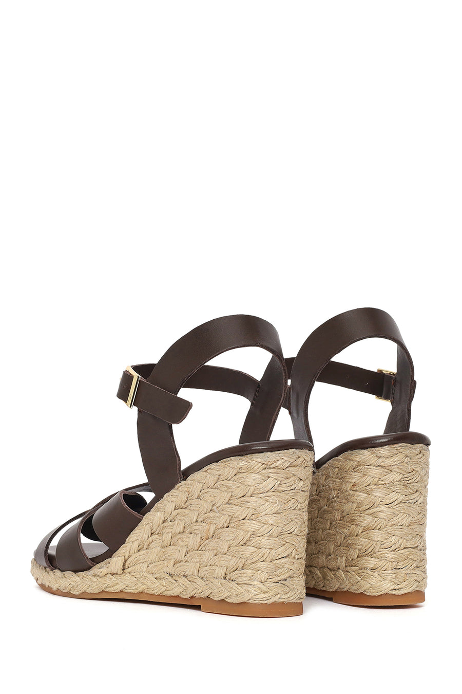 Woman Brown Ankle-Strap Buckled Wedge-Heel Leather Espadrilles Sandal