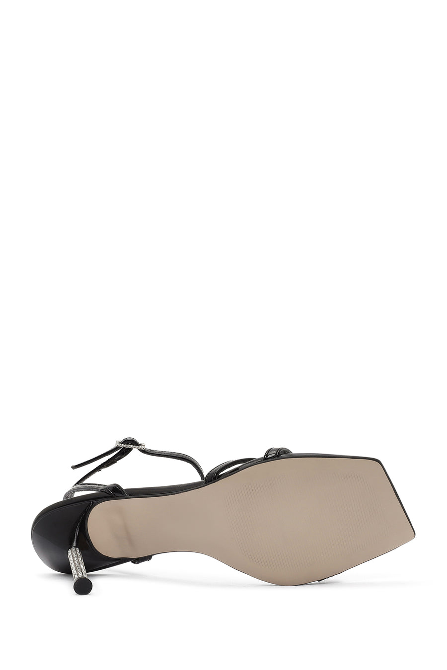Women's Black Ankle Buckle Stoned Thin Heel Patent Leather Sandals