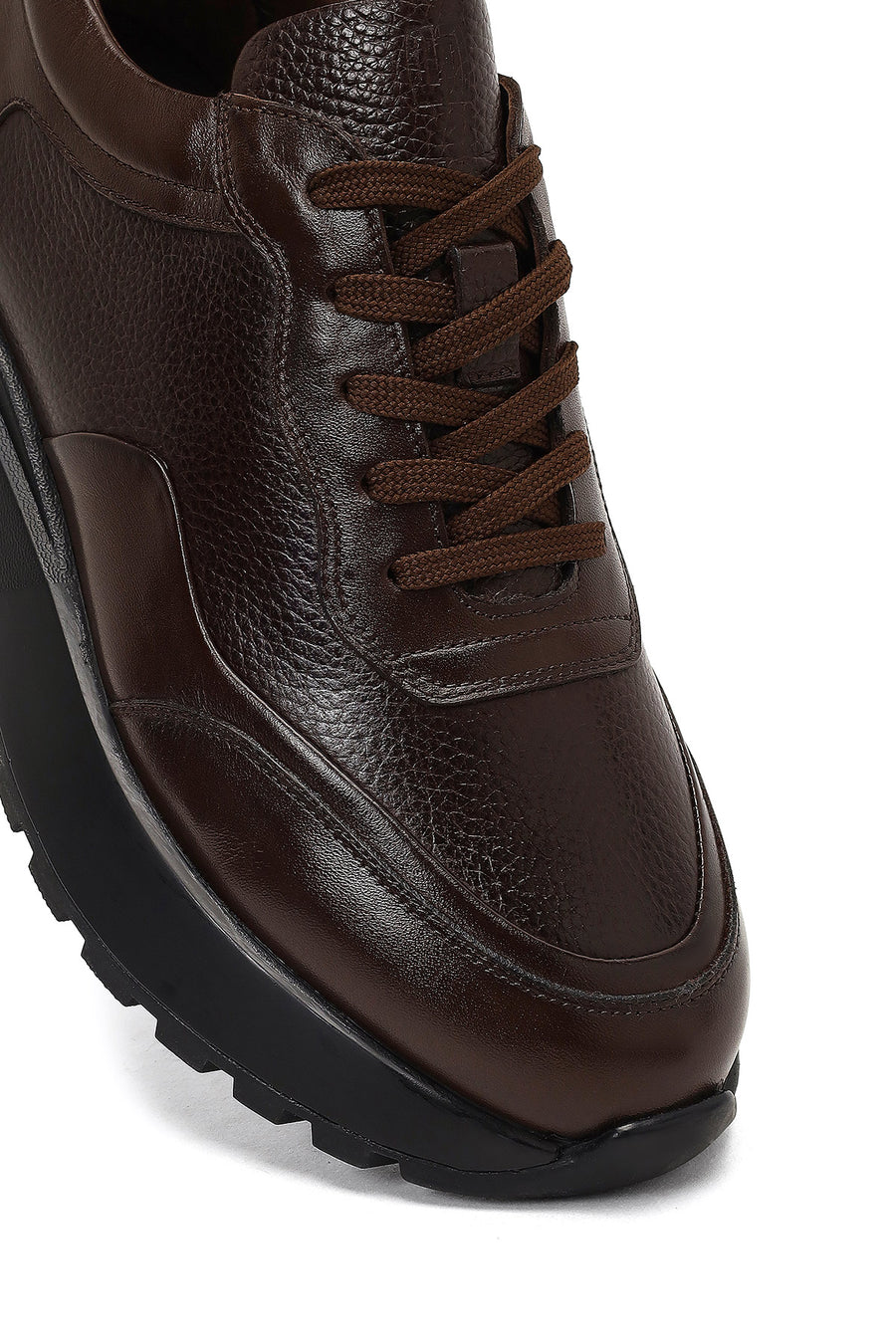Men's Brown Lace-Up Thick-Soled Leather Sneaker