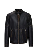 James Men's Black Stand Collar Leather Jacket | Derimod