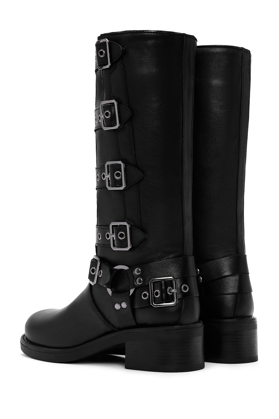 Women's Black Buckle Biker Leather Boots