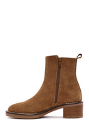 Woman Brown Zippered Chunky Heel Suede Leather Boat | Derimod