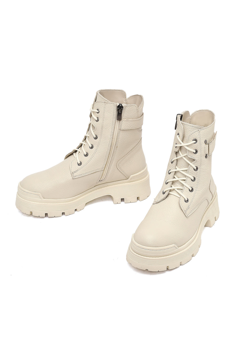 Woman Beige Lace-Up Zippered Thick Sole Leather Postal Boots