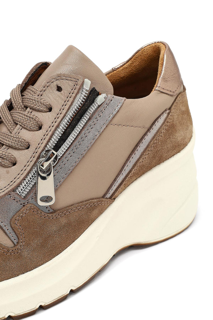 Women's Mink Lace-Up Zipper Detailed Wedge Heel Leather Sneaker