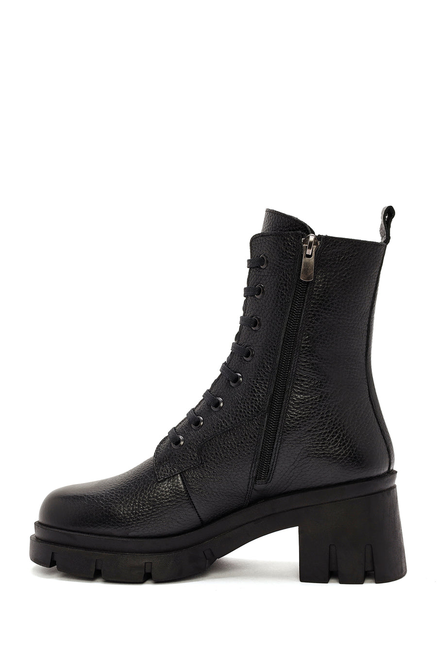 Women's Black Zippered Thick Heeled Leather Boots