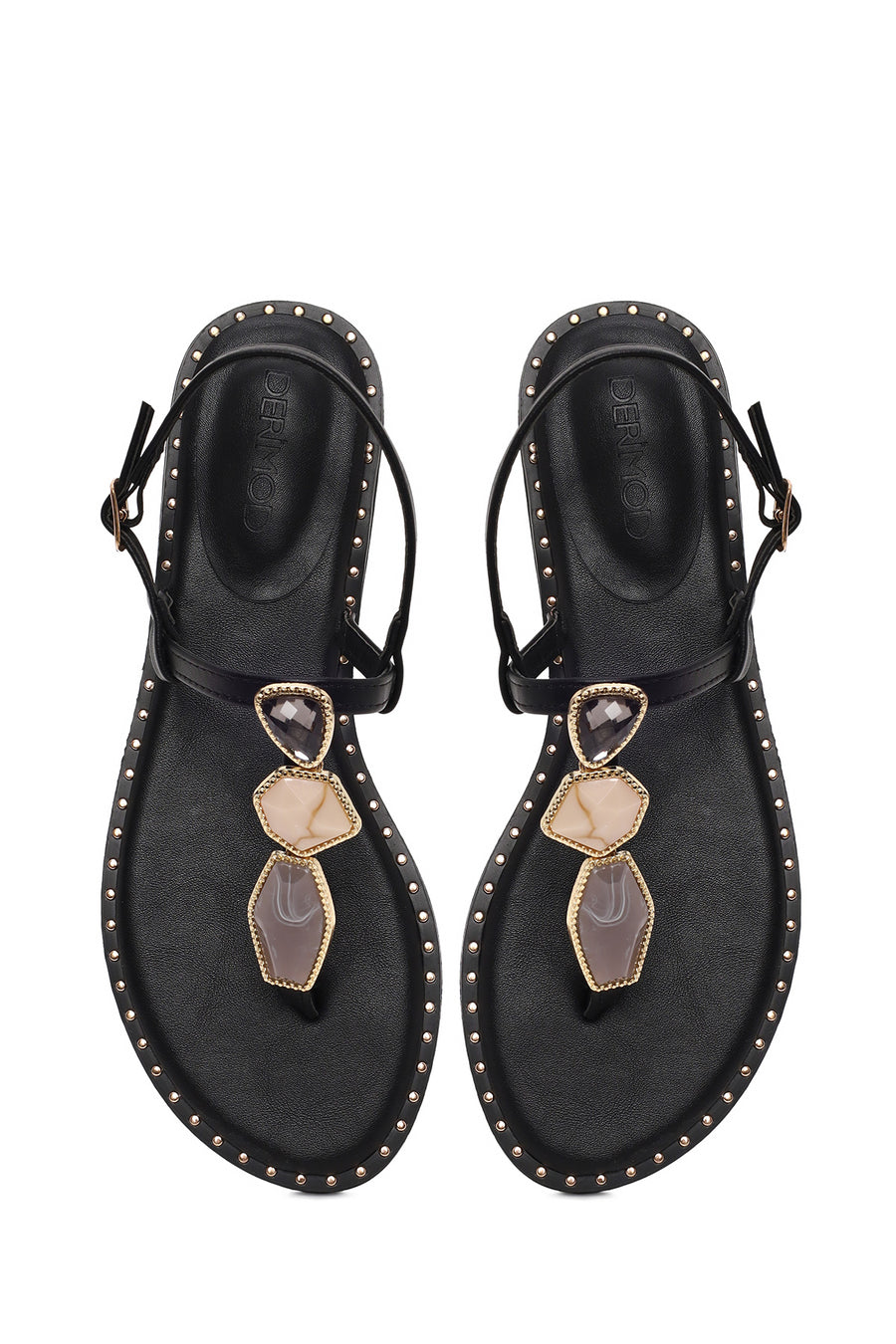 Woman Black Ankle-Buckle Embellished Toe-Post Sandal