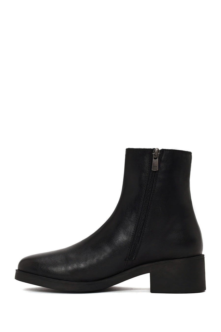 Woman Black Zip Closure Short Thick-heeled Leather Boots