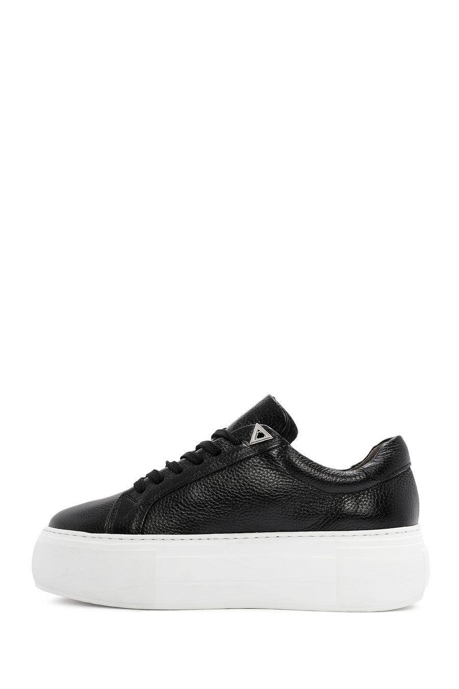 Women's Black Lace-up Thick-Sole Leather Sneaker